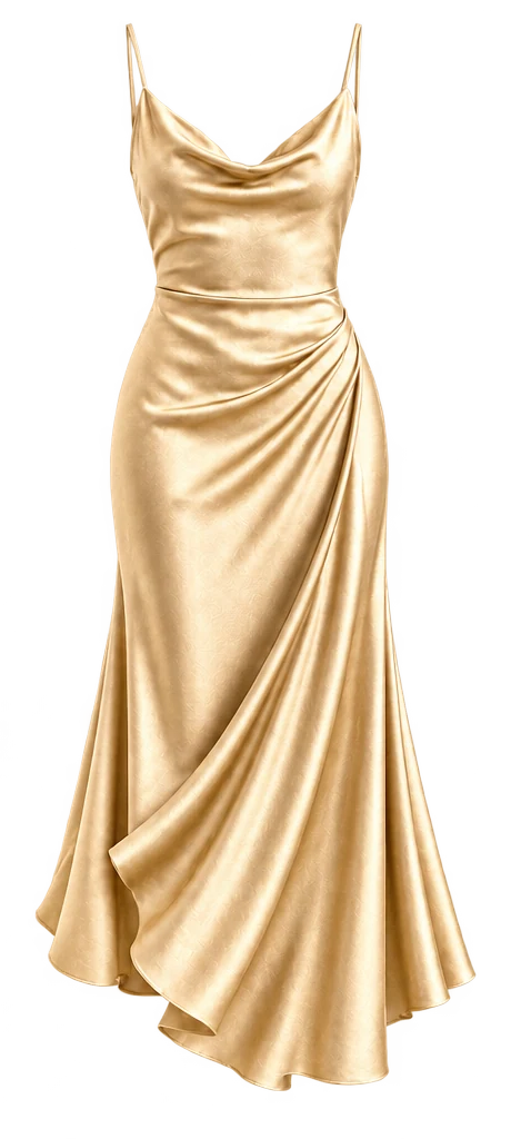 Look ilustrativo de vestido de cetim champanhe